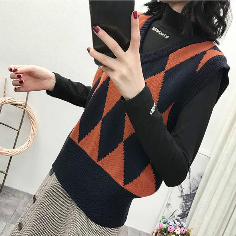 Autumn and Winter Retro Rhombus V-neck Knitted Vest Female Pullover Sleeveless Sweater