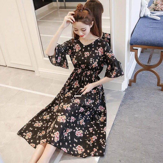 S-2XL Women Chiffon Floral Dress A-line Sun-dresses Below The Knee Long Beach Dresses