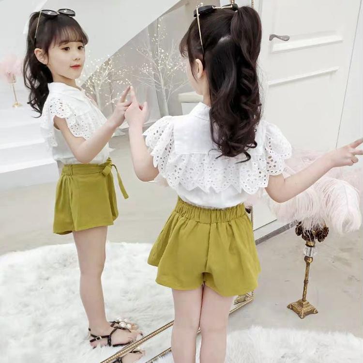 2PCS Children Clothing Set Spring Summer Girls Suits Lace Hollow Out Short Sleeve Tops + Pants Clothing Set