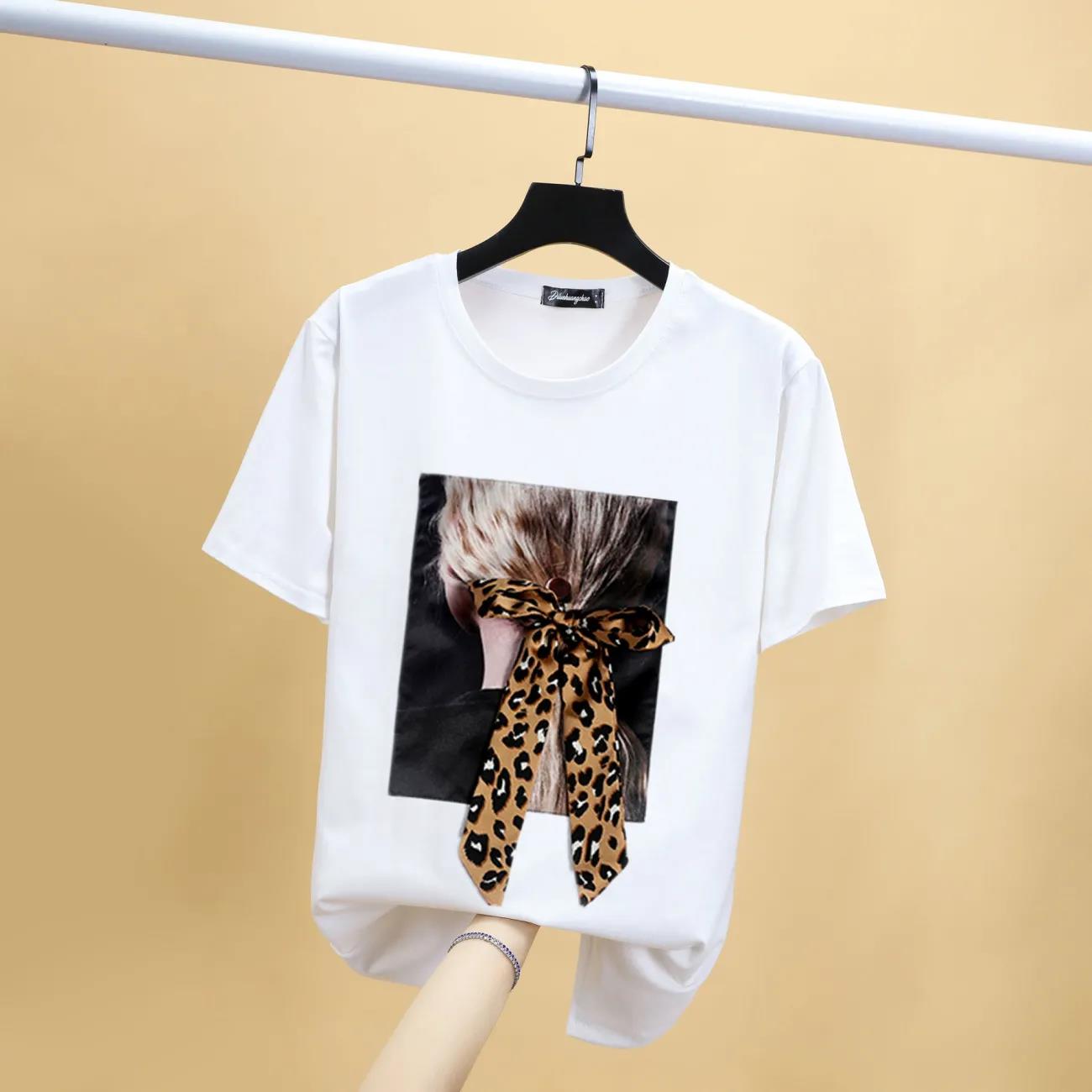 Women Summer Casual Versatile T-shirt Vintage Round Collar Short Sleeve Slim Leopard Print Bow Black White Prited T-shirt