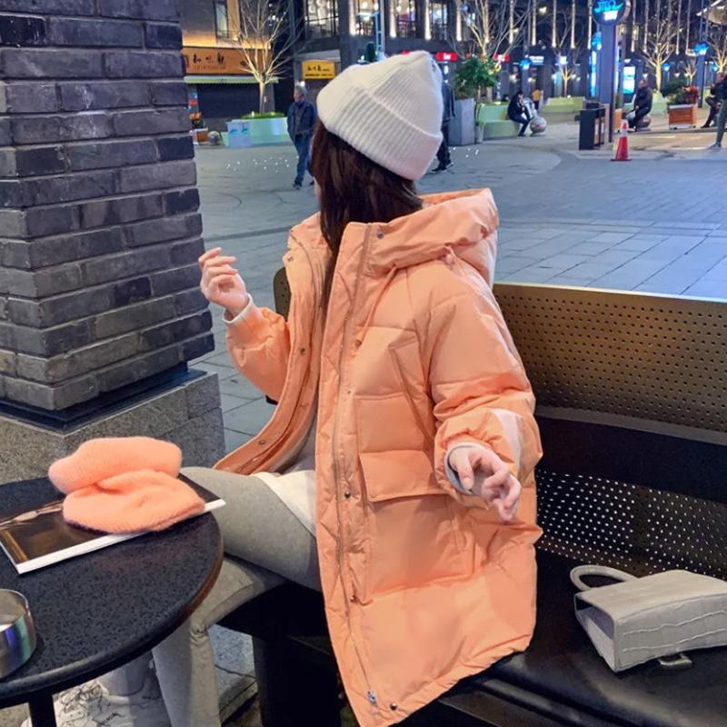 Women's Solid Color Mid-length Down Jacket Winter Korean Style Loose Plus Size Cotton Clothes Casual Hooded Padded Jacket Quilted Jacket