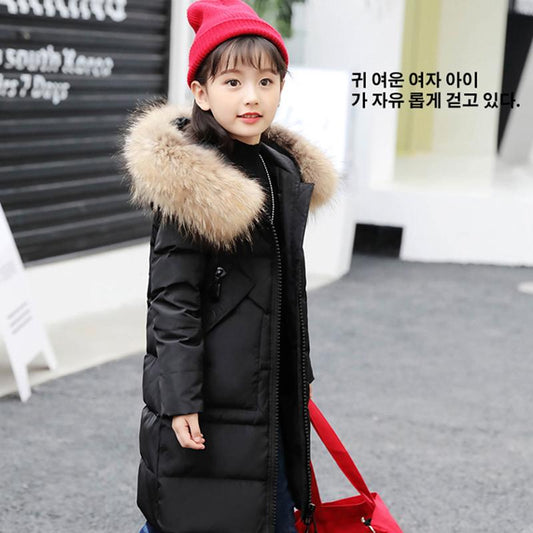 Children's Down Jacket Mid-length Fashion Thick Winter Jacket with Big Fur Collar Hooded Outerwear