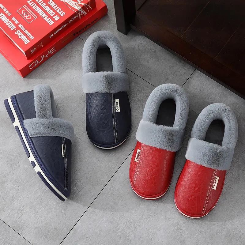 Bag Heel PU Leather Waterproof Winter Couple Cotton Slippers Men's Indoor Household Non-slip Home Warm Cotton Shoes Women