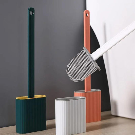 Toilet Brush Water Leak Proof with Base Silicone Wc Flat Head Flexible Soft Bristles Brush with Quick Drying Holder Set