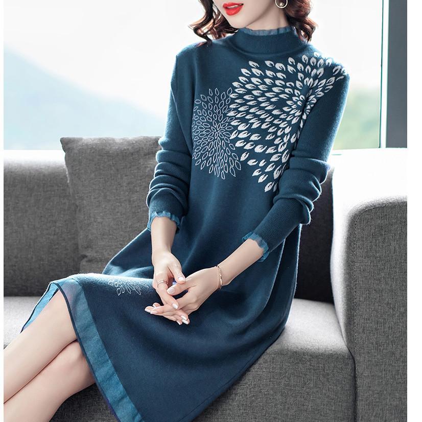 Half-high Neck Knitted Dress with Wooden Ears, Female Autumn and Winter Look Thin Temperament Long Sleeve Sweater Dress