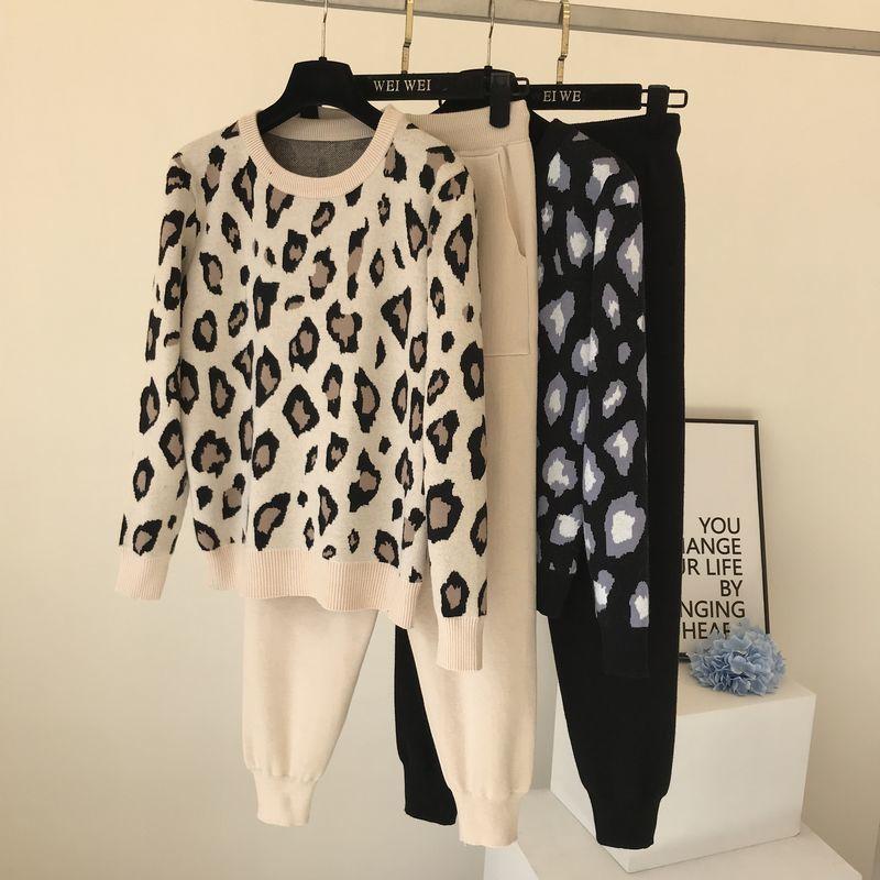 2pcs/set Women Knit Leopard Pullover Sweaters+Pants Sets Woman Fashion Jumpers Trousers 2 PCS Costumes Outfit