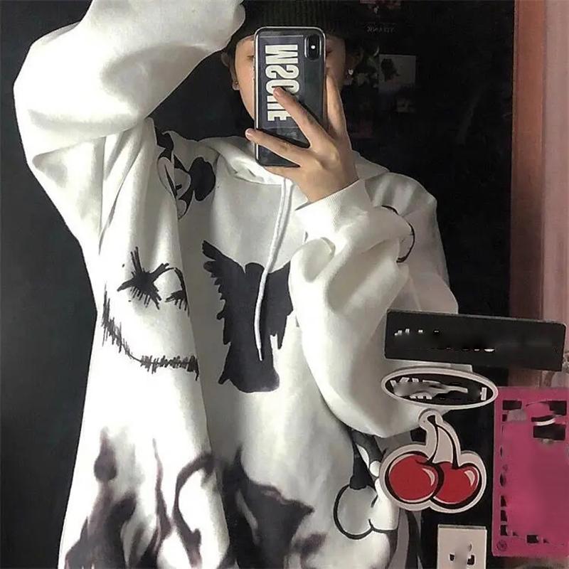 Anime Sweatshirts Hoodies Women Oversized Fashion Printed Streetwear Hip Hop Harajuku Pullovers Pink Girl Pattern Plus Size Loose Hooded Tops Women