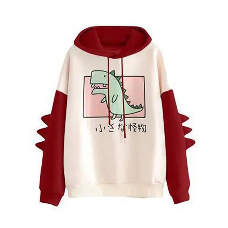 Dinosaur Oversized Cartoon Hoodie Women Sweatshirt Casual Print Korean Style Thicken Sweatshirt Winter Dino Hoodie Tops Cute Warm Sweater