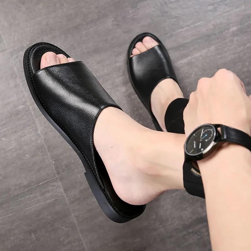 Men Can Wear Slippers Summer One-word Sandals and Slippers Leather Sandals Non-slip Beach Shoes Leisure Walking Shoes