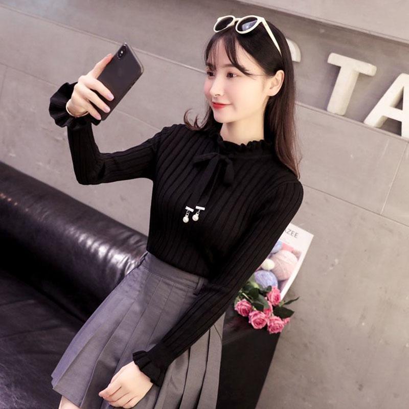 Autumn and Winter Pullover Korean Long-sleeved Slim Tops Simple Slim Young Women's Bottoming Shirt