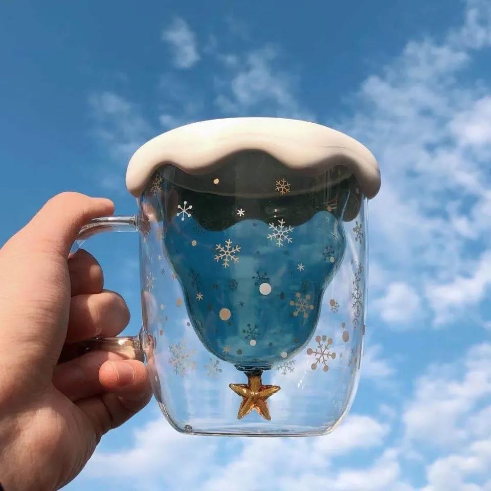 250ML Christmas Mug Creative Glass Mug Christmas Tree Star Cup High Temperature Resistant Mug Double Layer Water Cups Xmas Gifts