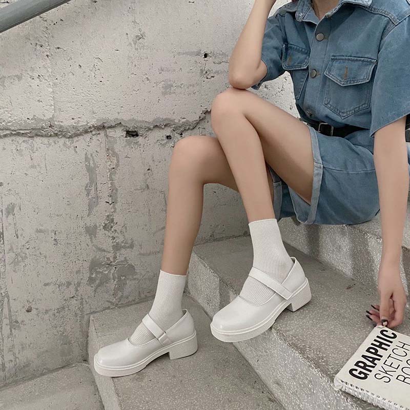 White Square Toe Thick Heel Mary Jane Shoes Female Summer Jk Platform Platform Mid-heel Small Leather Shoes Single Shoes