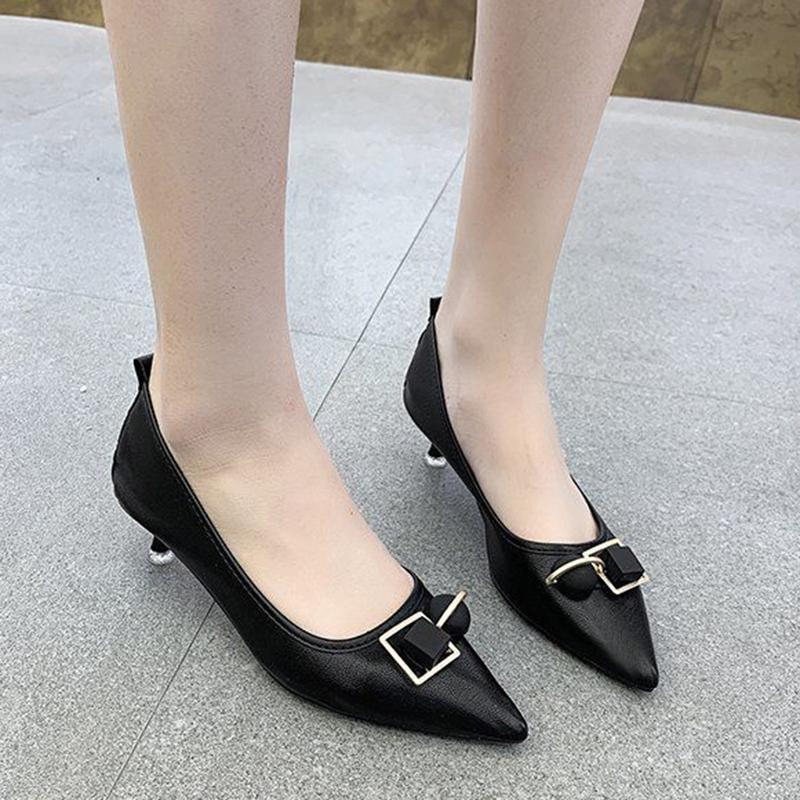 Genuine Leather High-heeled Stiletto All-match Work Women's Shoes Mid-heel Leather Shoes Pointed Toe Non-grinding Single Shoes