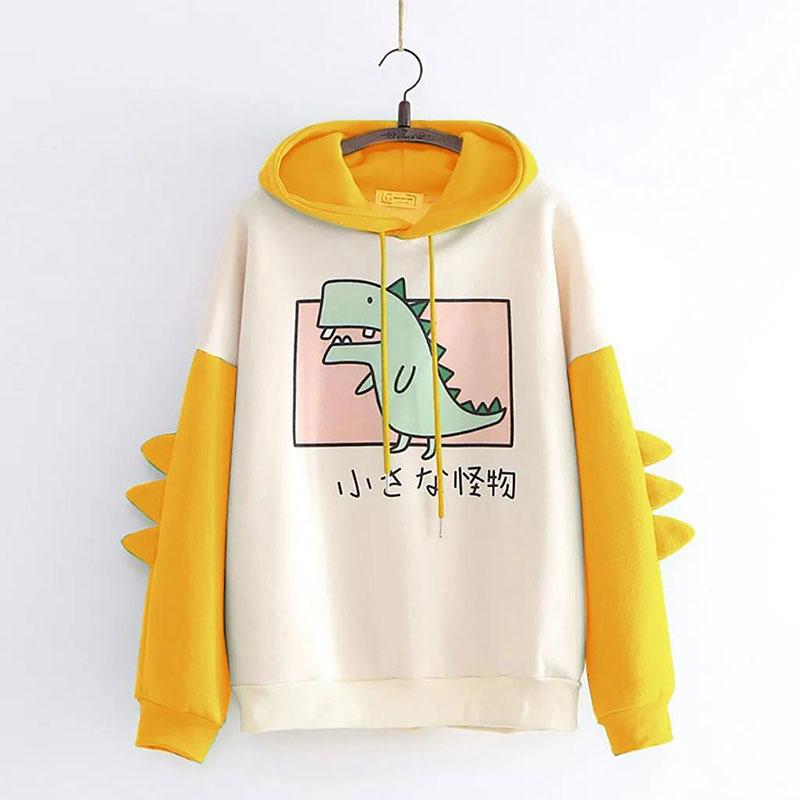 Dinosaur Oversized Cartoon Hoodie Women Sweatshirt Casual Print Korean Style Thicken Sweatshirt Winter Dino Hoodie Tops Cute Warm Sweater