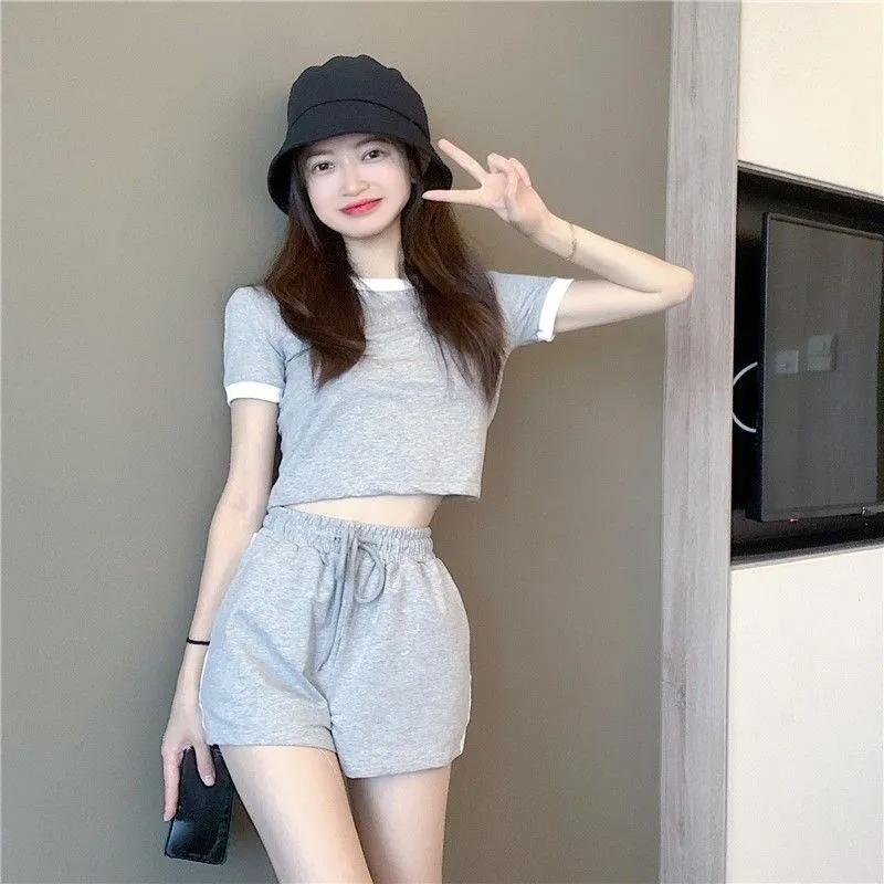 2PCS Summer Thin Short-sleeved Tops and Shorts Two-piece Sports Suits Casual Age-reducing Women's Clothing Workout Clothes Set Jogging Suit