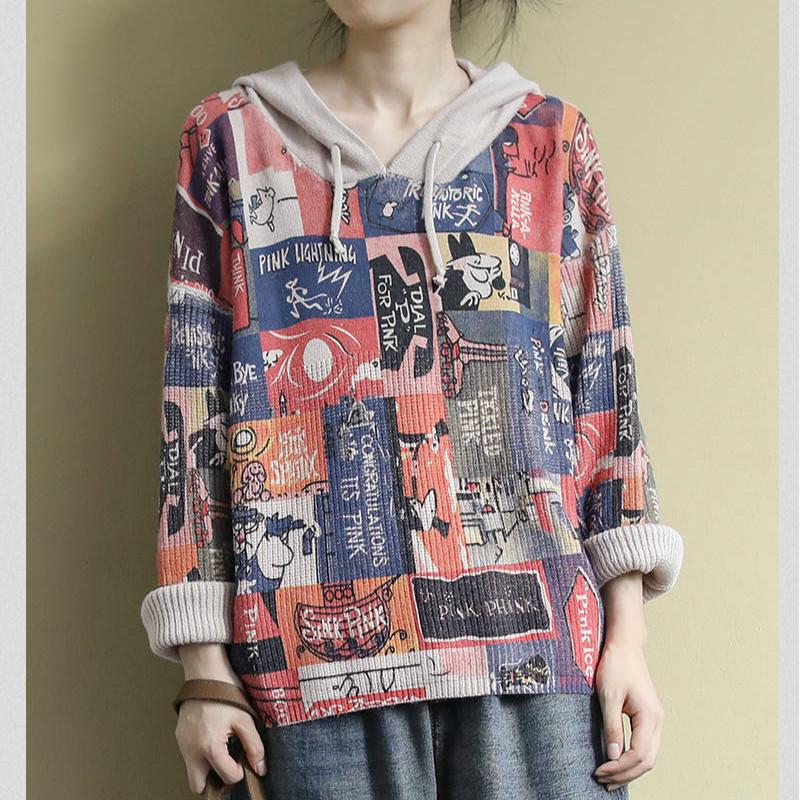 High Quality Core Yarn Printing Was Thin Hooded Knitted Pullover Sweater Coat Women