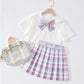 Girls Pleated Skirt Suit Big Children Elementary School Students Summer Puff Sleeve Jk Uniform Skirt Children's College Style Skirt Summer Dress