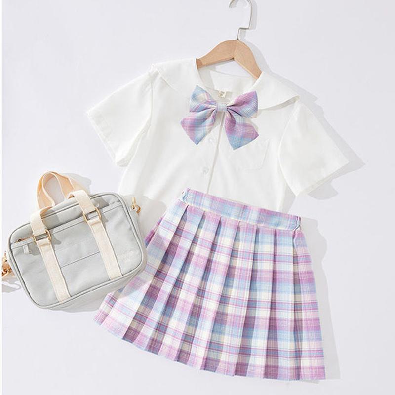 Girls Pleated Skirt Suit Big Children Elementary School Students Summer Puff Sleeve Jk Uniform Skirt Children's College Style Skirt Summer Dress