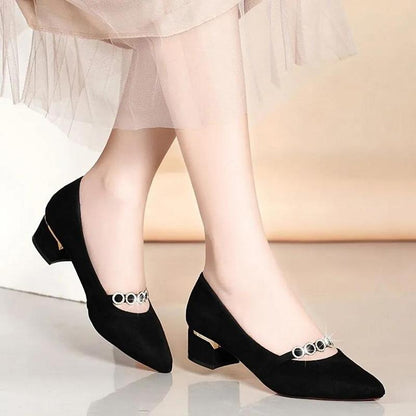 Spring and Autumn Korean Style All-match Single Shoes Pointed Toe Polished Yarn Fashion Ladies Rhinestone Mid-heel Thick Heel Casual Women's Shoes