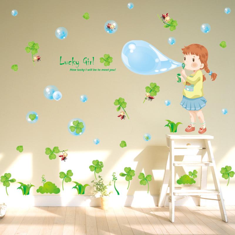 Kindergarten classroom layout self-adhesive clover wall stickers cartoon blowing bubble little girl