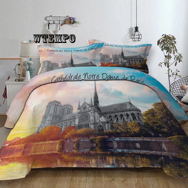 3pcs Duvet Cover Sets 3D Gold Silk Embroidery Notre Dame De Paris  Bedding Set Bedding Bedclothes