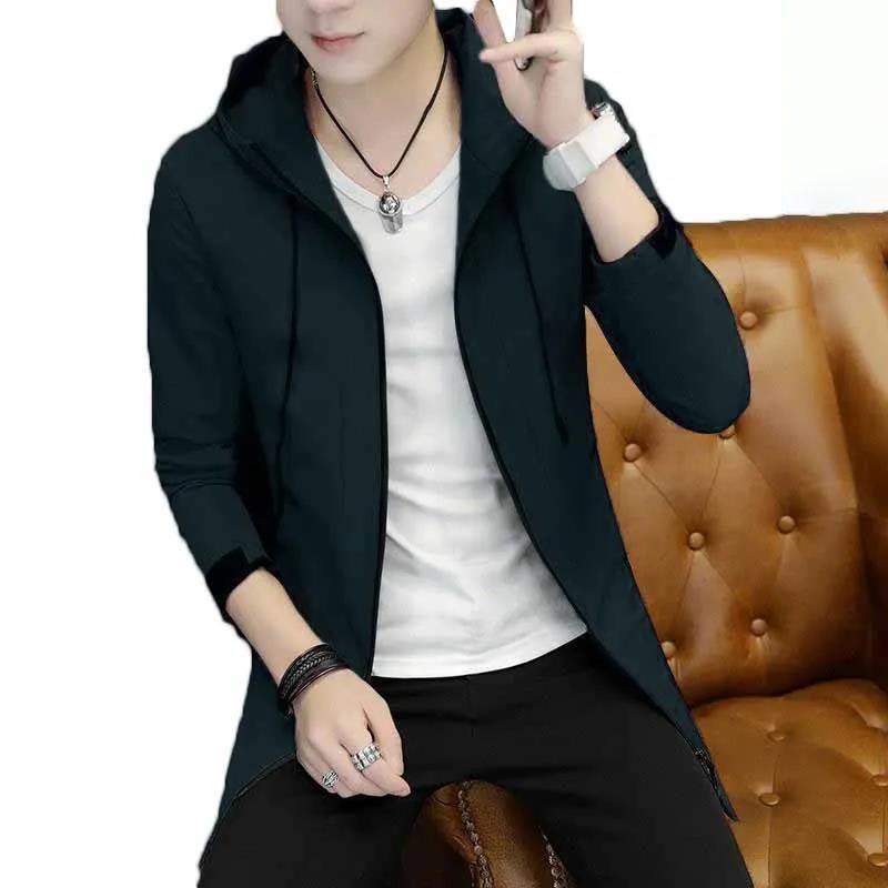 Spring Solid Color Hooded Jacket Long Slim Coat Youth Trend Windbreaker Casual Parka