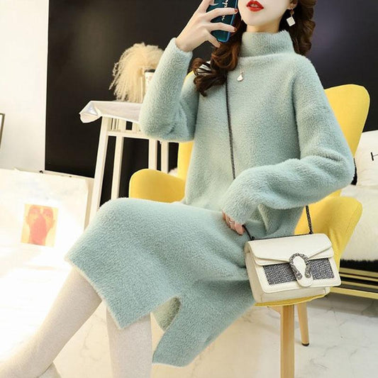 Autumn and Winter Imitation Mink Velvet Sweater Skirt Women Long Section Over The Knee Lazy Wind Half High Neck Bottoming Dress Women