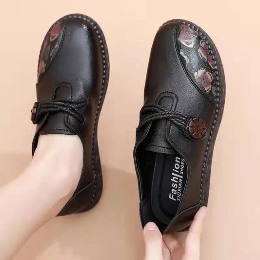 Autumn Elderly Flat Shoes Comfortable Non-slip Single Shoes Soft Bottom Leather Shoes Mother Shoes Middle-aged and Elderly Retro Women's Shoes