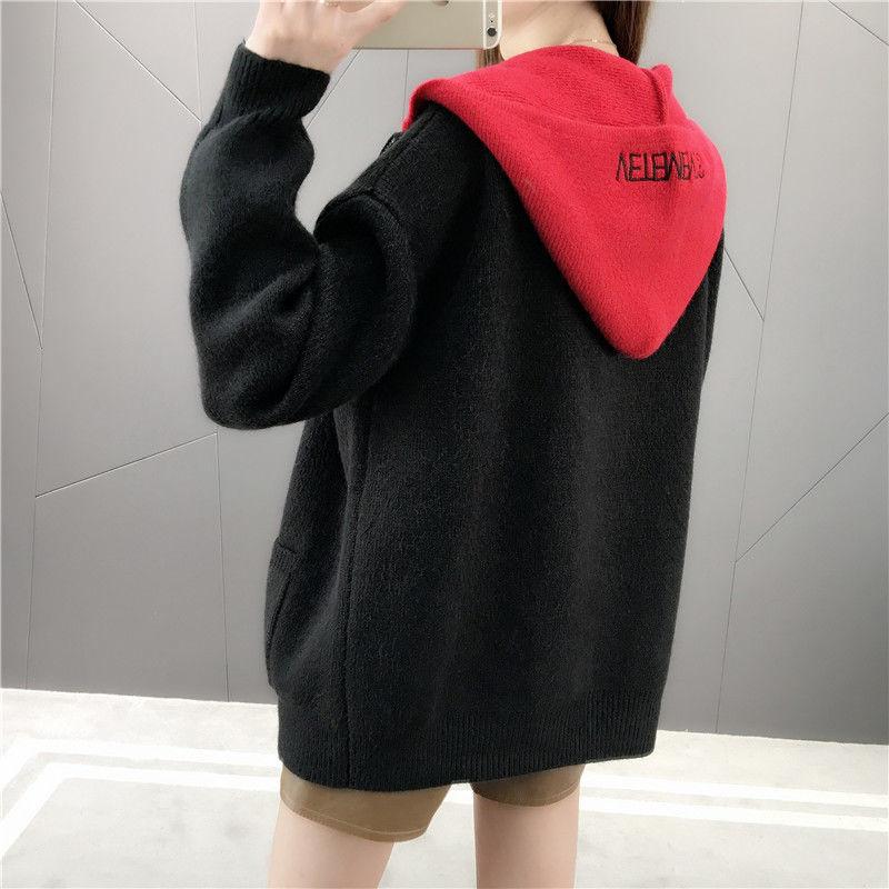 Autumn and Winter Cardigan Hooded Coat Loose Contrast Color Knitted Sweater Zipper Casual Women's Top