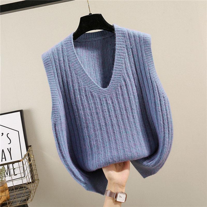 Autumn and Winter Knitted Pullover Vest V-neck Loose Solid Color Tops Fashion Short Women Tops