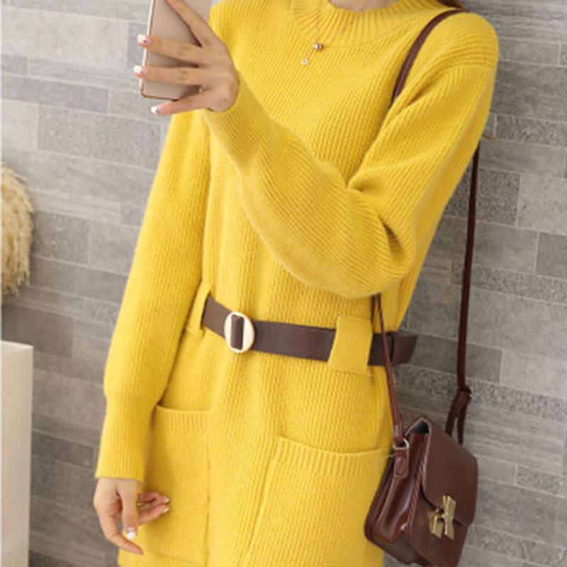 Korean Style Loose Outer Wear Mid-length Sweater Women Waist Slim Half Turtleneck Long Sleeve Autumn  Winter Base Sweater Dress