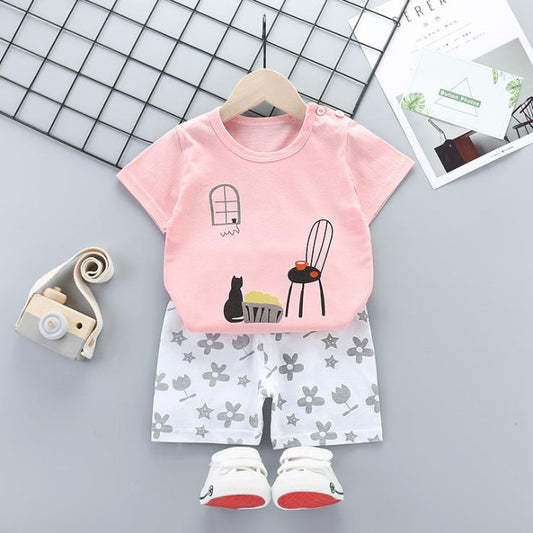 Children's Short Sleeve Suit Korean Style Boys and Girls Set Printing T-shirt + Shorts Two Piece Set