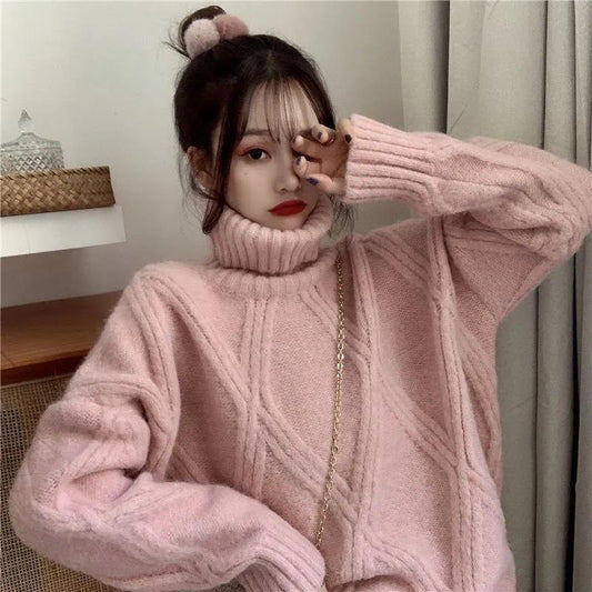 Outer Wear Lazy Wind Loose Turtleneck Sweater for Autumn and Winter Women's Thick Knit Sweater Base Coat Warm Jacket Women's Sweet Sweater