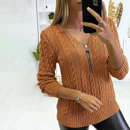 Fall Winter Warm Sweater Women V Neck Zipper Patchwork Twist Knitted Sweater Lady Loose Pullover Tops Fashion Long Sleeve Jumper