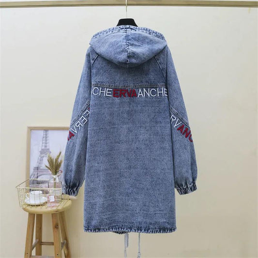 Mid-length Denim Jacket Women Loose All-match Large Size Loose Hooded Casual Denim Jacket Ladies Long-sleeved Jacket