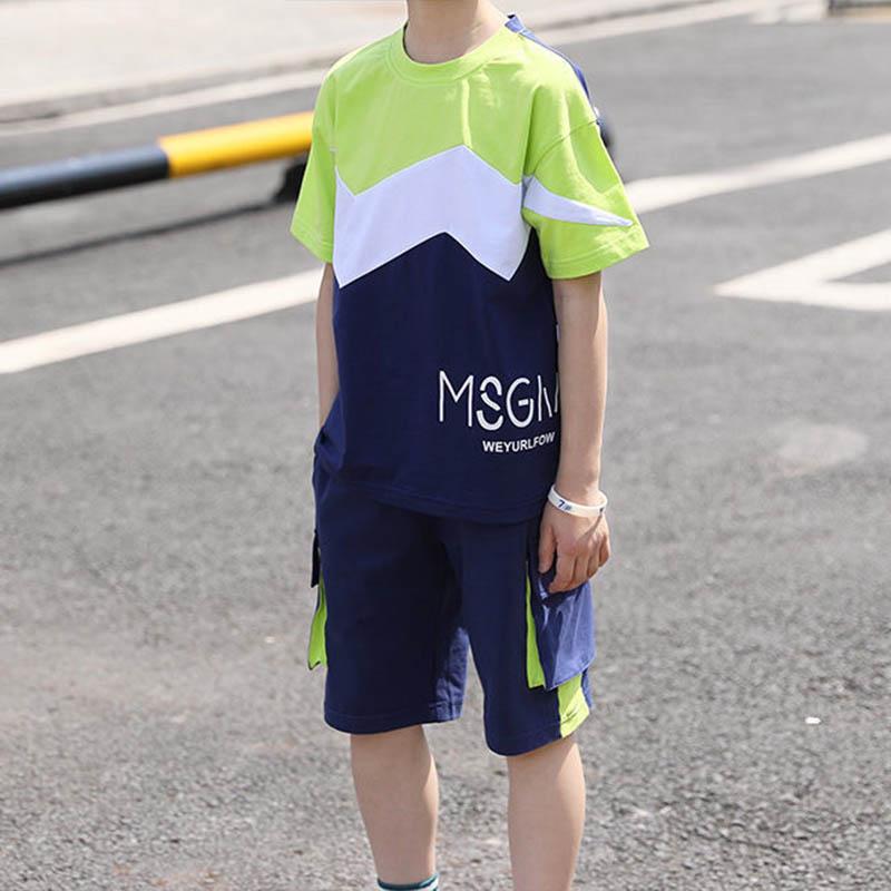 Boys summer suit breathable sweat-absorbing short-sleeved sports contrasting color design cool two-piece suit