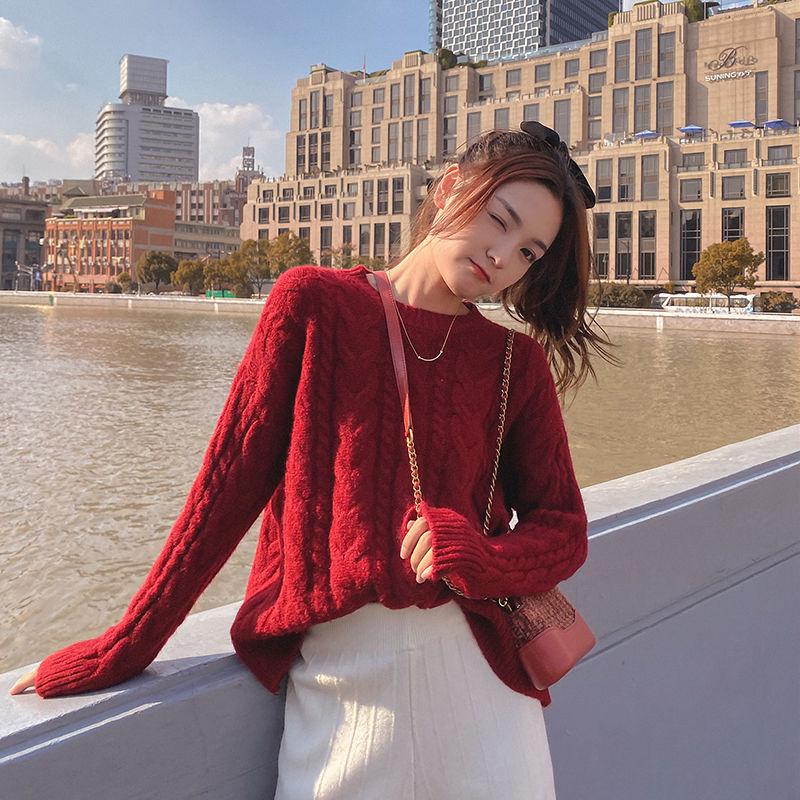 Autumn and Winter Loose Sweater Red Round Neck Pullover Coat Knitted Large Size Simple Young Women's Top