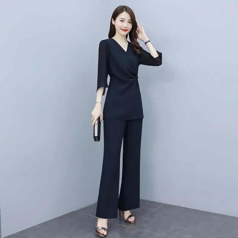 Solid Color Wide-leg Pants Suit Women's Summer Chiffon Temperament Professional Leisure Two-piece Fabric Light and Breathable