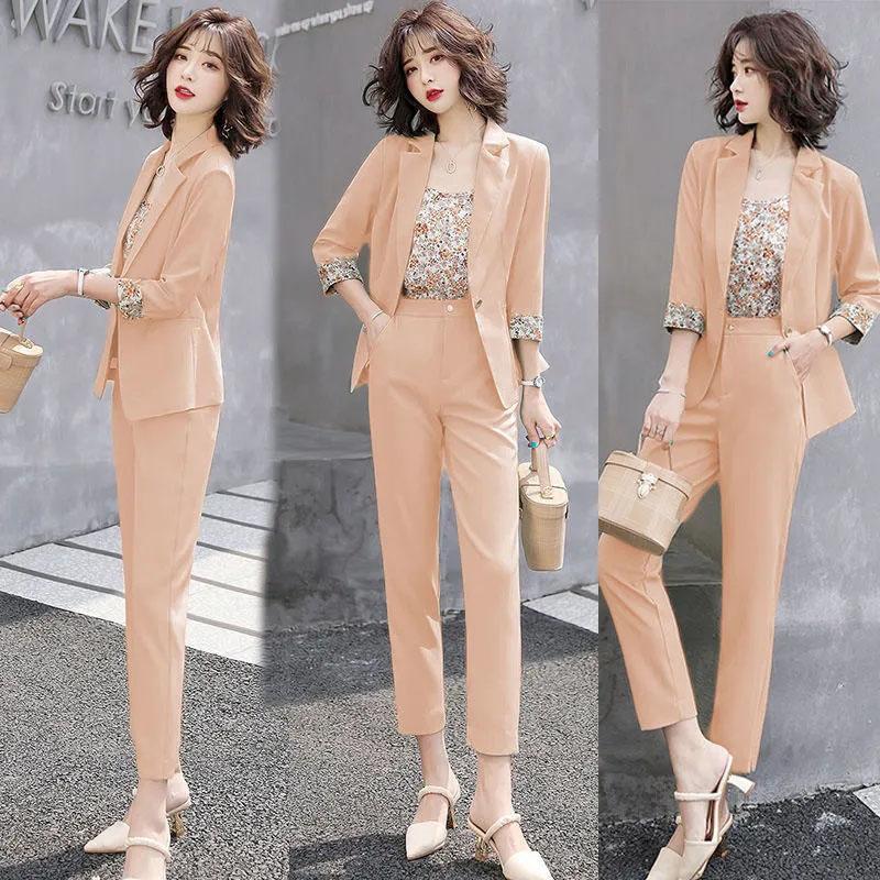 3PCS Women's Suit Three-piece Suit Spring and Autumn Casual Jacket + Floral Vest + Straight Trousers Professional Suit Ladies Thin Solid Color Suit