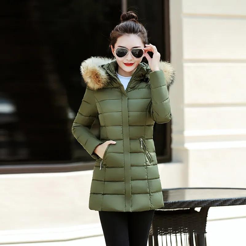 Slim Women Winter Jacket Cotton Padded Warm Thicken Ladies Coat Medium Long Down Coats Fur Collar Hooded Parka Mid-length Womens Jackets