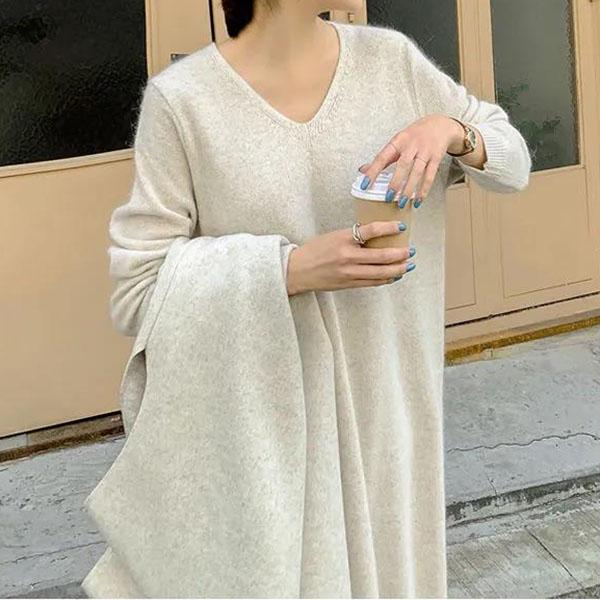 Autumn and Winter Long Sweater Skirt Over The Knee All-match Women's Pullover Long Sleeve Loose Large Size Sweater