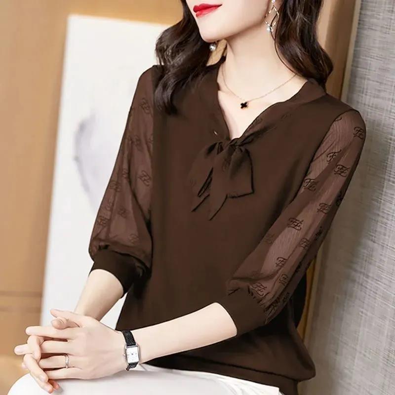 New Chiffon Blouse Office Lady Fashion Tops Sweet Bow Women  Casual Long Sleeve Summer  Pullover