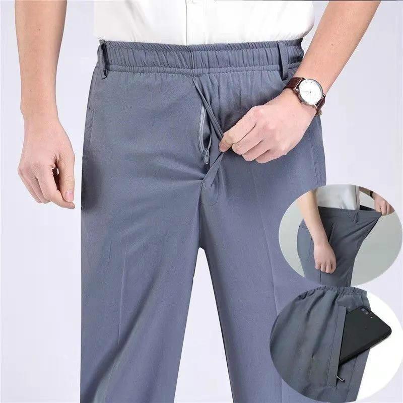 Middle-aged and Elderly Summer Thin Men's Ice Silk Elastic Loose Daddy Grandpa Plus Fat Plus Size Quick-drying Casual Trousers