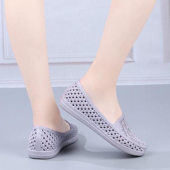 Female Solid Color Non-Slip Waterproof Breathable Slip-On Single Shoes Women's Spring Summer Large Size Flat Hollow Shoes