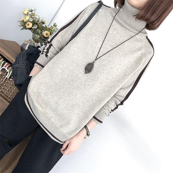 Turtleneck Sweater Women Loose Mid-length Pullover Large Size Color-blocking Sweater Autumn and Winter Long-sleeved Sweater