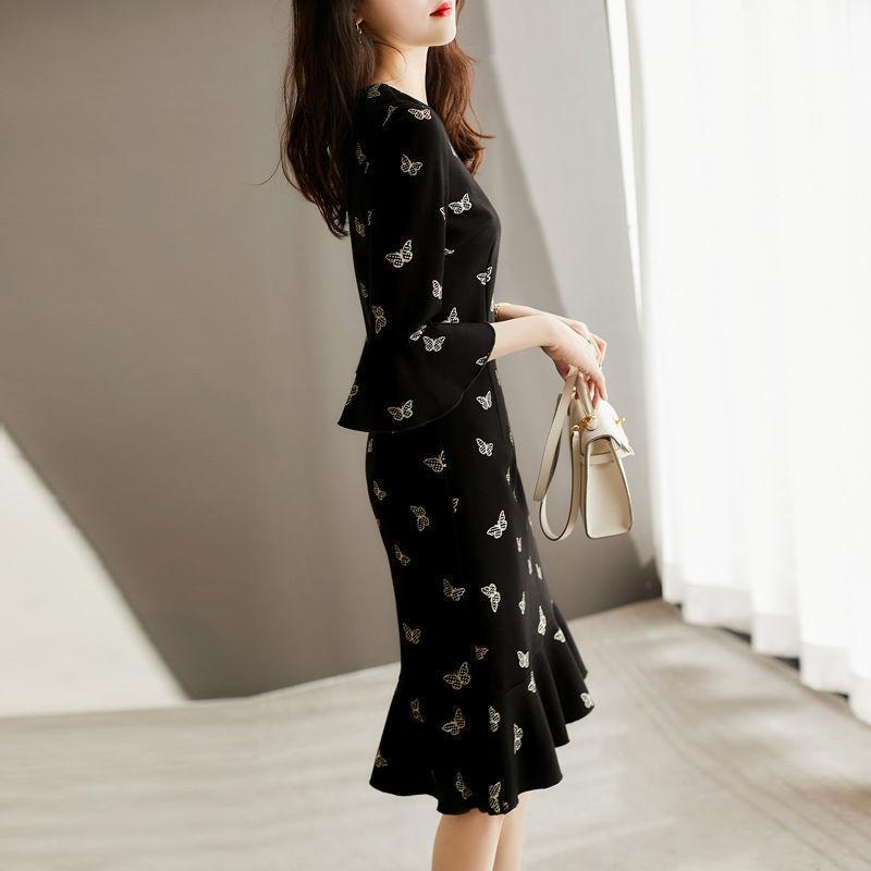 Ladies Butterfly Print Ruffle Sashes A Line Dress Women Fashion Back Keyhole O Neck Long Sleeves Spring Autumn Dresses