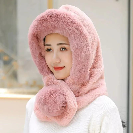 Hat Scarf One Plush Hat Winter Ladies Korean Version of Rex Rabbit Fur Outdoor Thickening Warm and Cold Knitted Hat