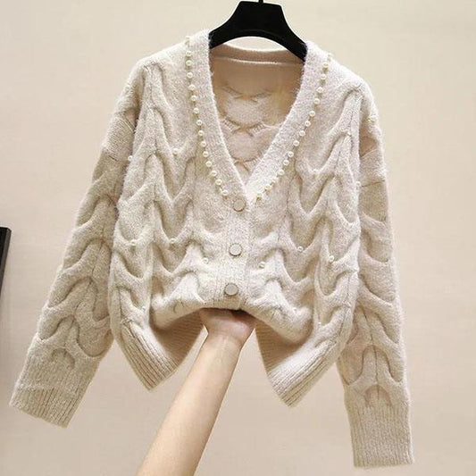 Female Sweet Pearl V-neck Knitted Cardigan Women's Autumn and Winter Versatile Short Knitted Tops