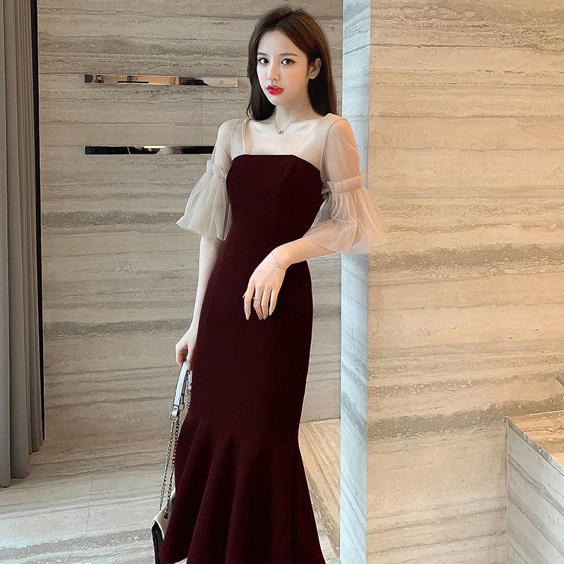 Women's Spring and Summer Square Neck French Elegant Retro Mesh Bubble Sleeve Slim Slim Bag Hip Long Fishtail Dress