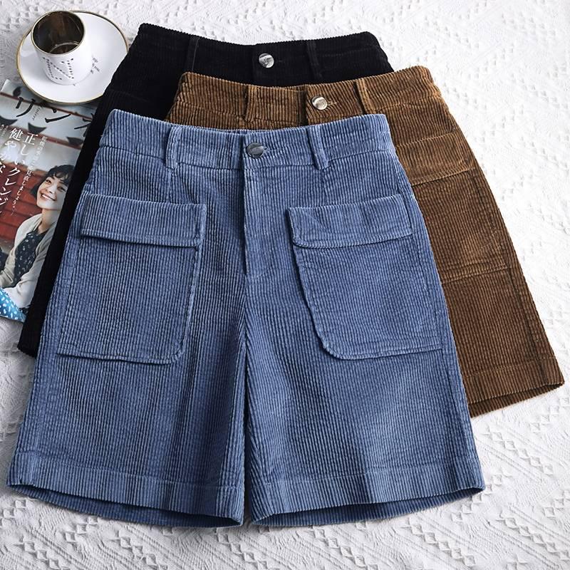 Corduroy Shorts Women High-waisted A-Line Wide Leg Shorts Female Outwear Boots Shorts